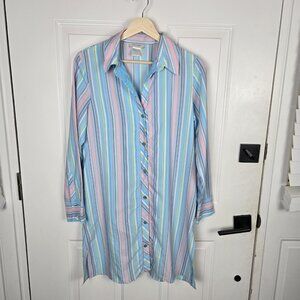 Natori Sleep Shirt Womens Small Button Up Blue Pink Stripe Classic‎ Preppy PJs